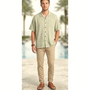 Tommy Bahama Silk Tropical Leaf Camp Shirt Mens Size XL Green Jacquard EUC
